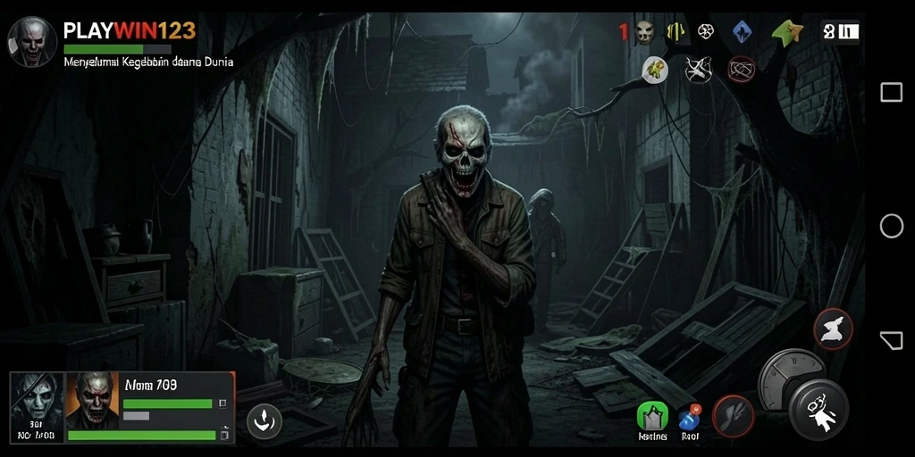 Tangkapan layar menunjukkan suasana menegangkan gameplay PLAYWIN123 yang penuh dengan kegelapan.