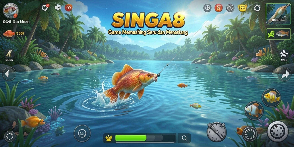 Screenshot gameplay SINGA8 dengan suasana memancing yang seru.