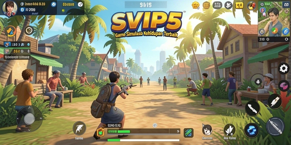 Screenshot gameplay SVIP5 menampilkan dunia simulasi yang penuh warna.