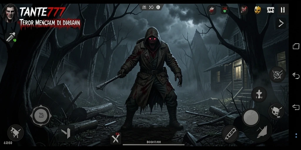 Screenshot menampilkan karakter menyeramkan dan suasana gelap di gameplay TANTE777.