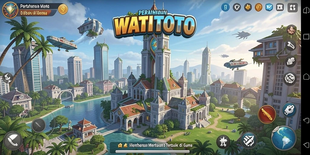 Screenshot utama WATITOTO menunjukkan aksi menara pertahanan yang intens.